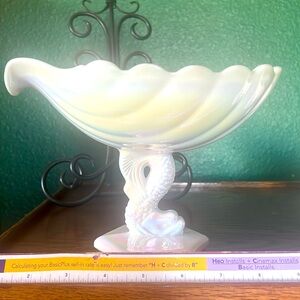 Vintage Westmoreland opalescent milk glass dolphin bowl compote footed.